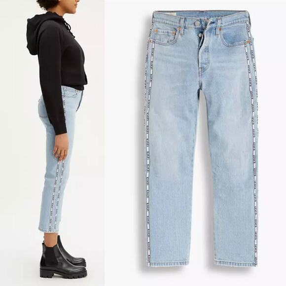 Levi's Premium 501 XX Original Sport Stripe Cropped Light Wash Button Fly Jeans - Picture 1 of 12